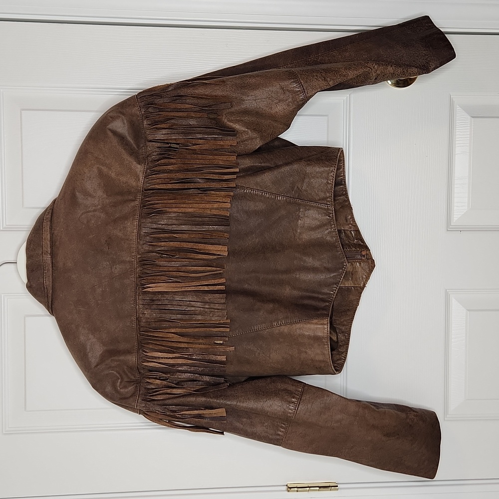 Fidelity leather fringe crop jacket vintage 80's biker moto western - Picture 5 of 16